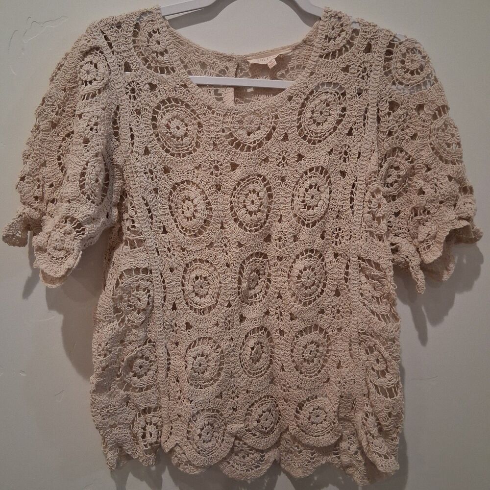Solitaire Crochet Ruffle Peplum Top Beige Boho Cottage Festival Hippie size XL